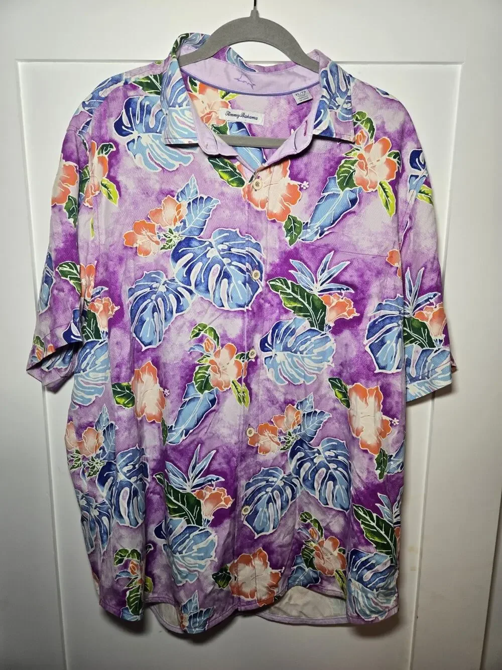 Tommy Bahama Silk Button Up Mens XXL Purple Blue 100% Silk Tropical Floral